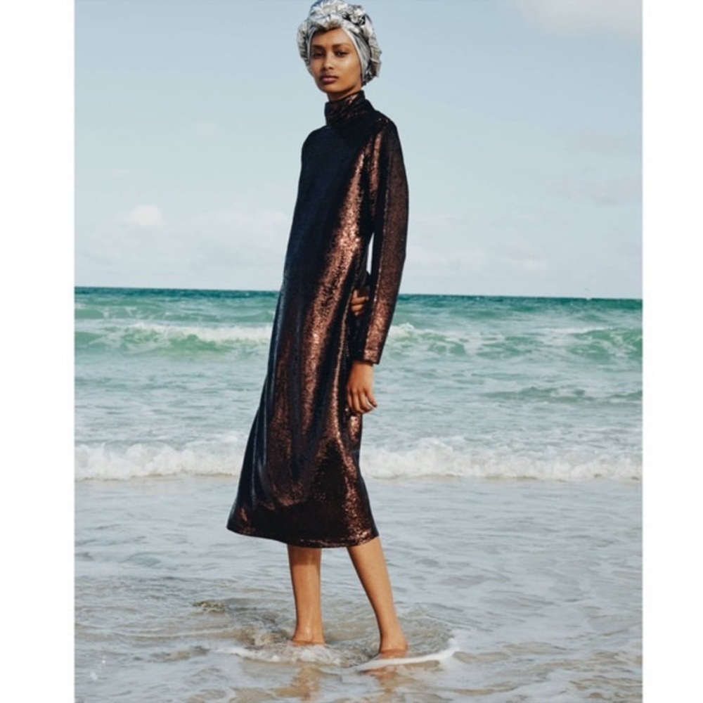 ZARA Sequin Metallic Sparkly Knit MIDI Long Sleeve Dress Limited Edition Brown
